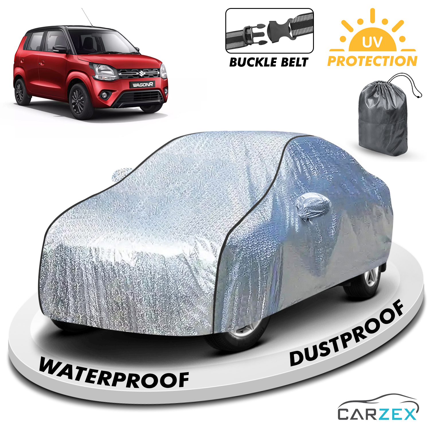 Carzex Waterproof & Heat Resistant Metallic Silver With Black Border Car Body Cover with Mirror Pockets For Maruti Suzuki Wagnor R